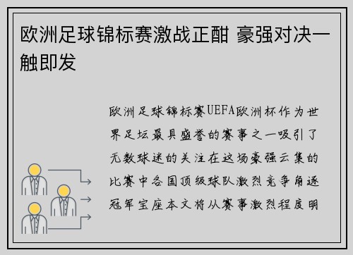 欧洲足球锦标赛激战正酣 豪强对决一触即发