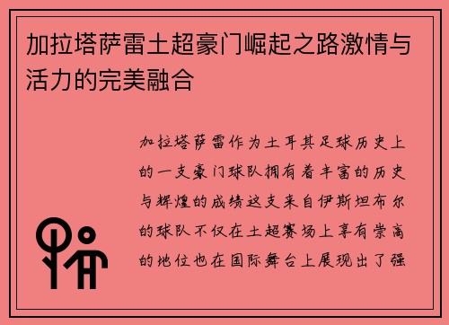 加拉塔萨雷土超豪门崛起之路激情与活力的完美融合